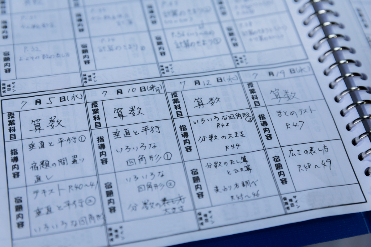 学校の宿題などのお手伝いもWさんの仕事の１つ。日々の指導内容を表に書き込んでいく